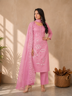 Inaayalina Baby Pink Roman Silk Kurta Set with Organza Dupatta