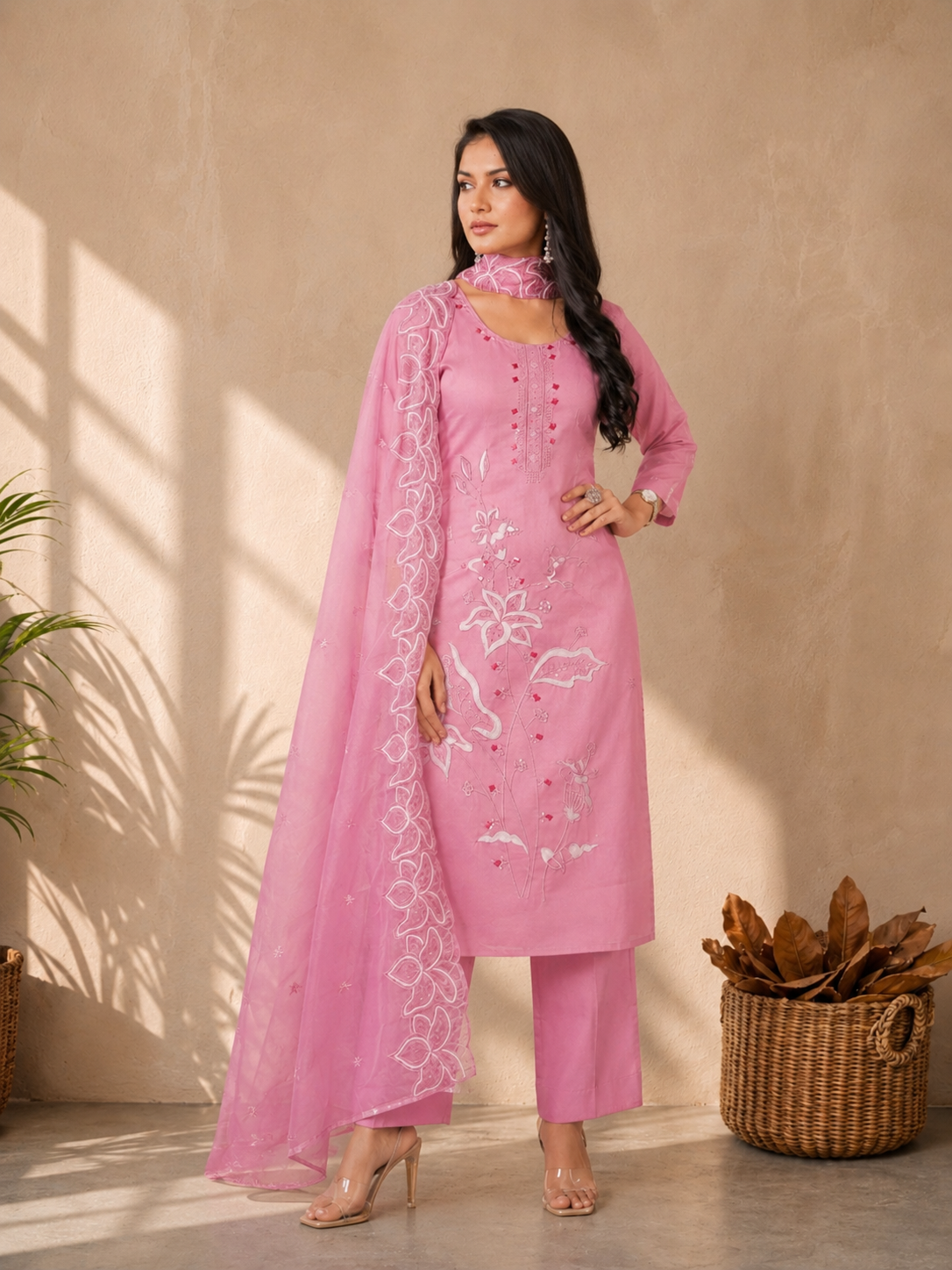 Inaayalina Baby Pink Roman Silk Kurta Set with Organza Dupatta