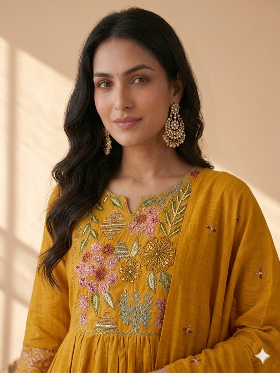 Inaayalina Mustard Yellow Floral Embroidery Anarkali Set