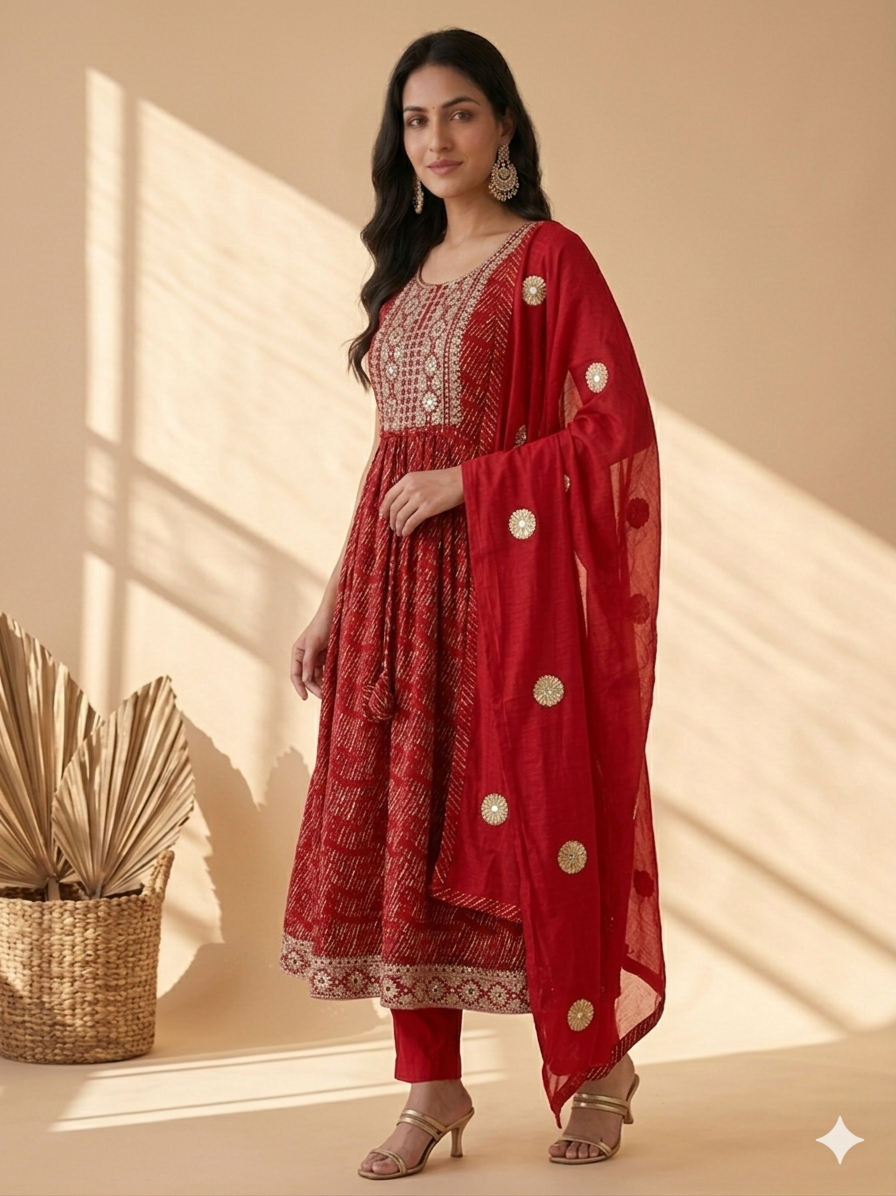 Inaayalina Red Printed Cotton Anarkali Set with Mirror Work