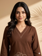 Inaayalina Chocolate Brown Embroidered Cotton Co-ord Set