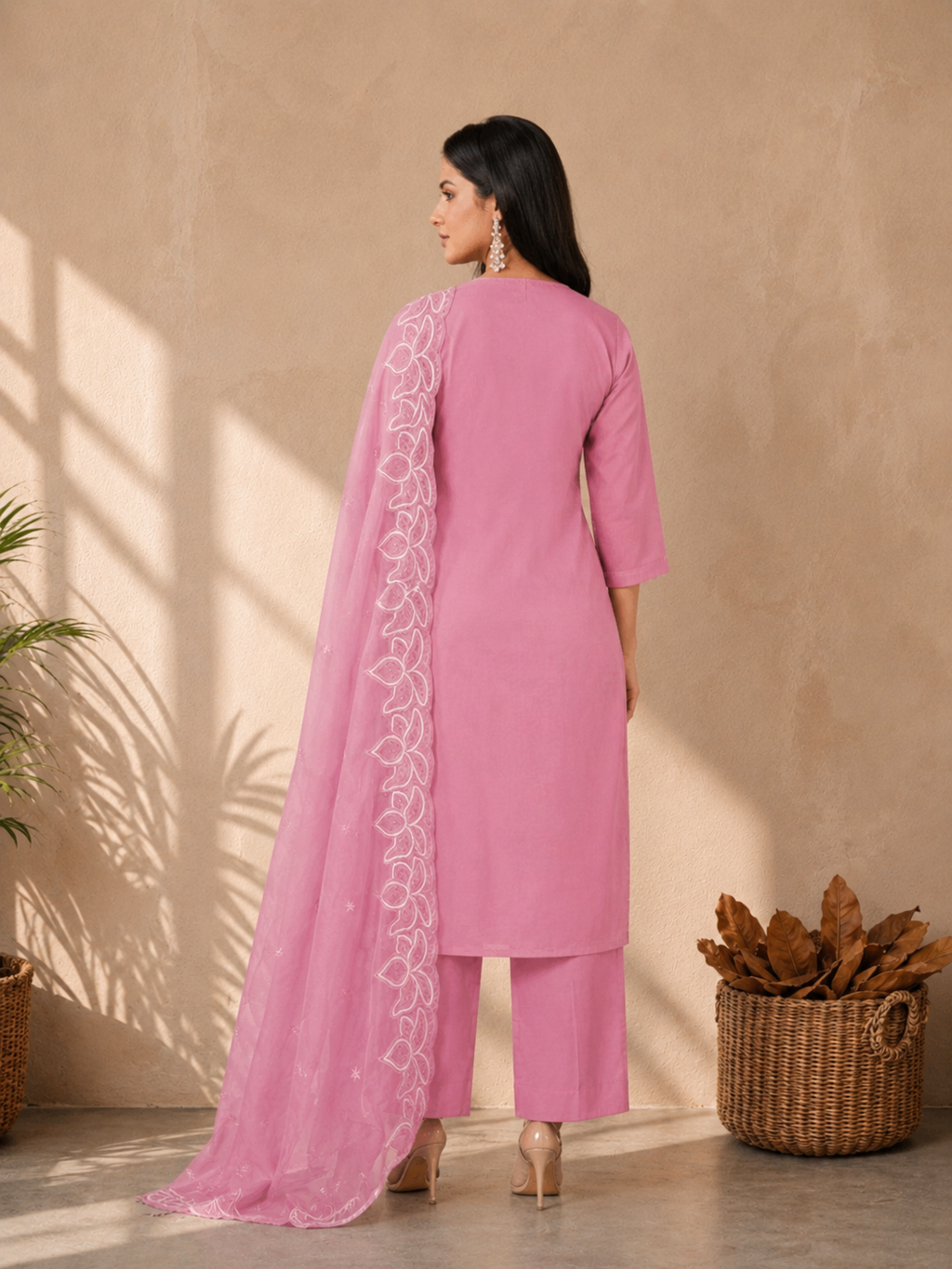 Inaayalina Baby Pink Roman Silk Kurta Set with Organza Dupatta