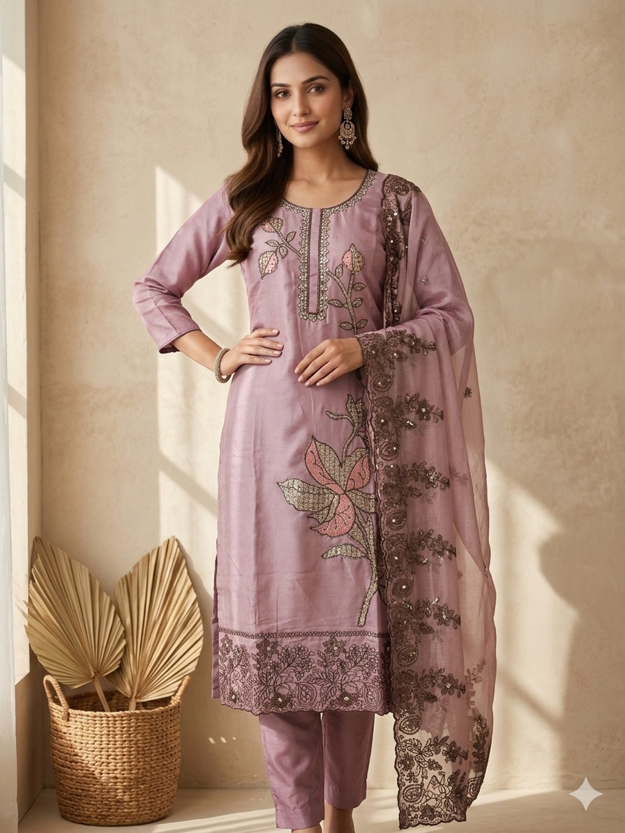 Inaayalina Lavender Roman Silk Embroidered Kurta Set