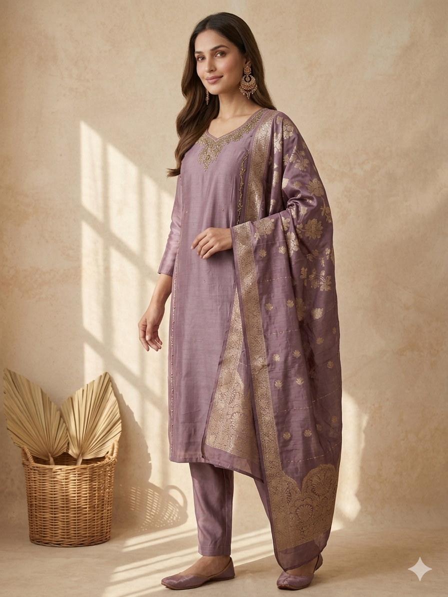 Inaayalina Mauve Premium Silk Kurta Set with Banarasi Dupatta