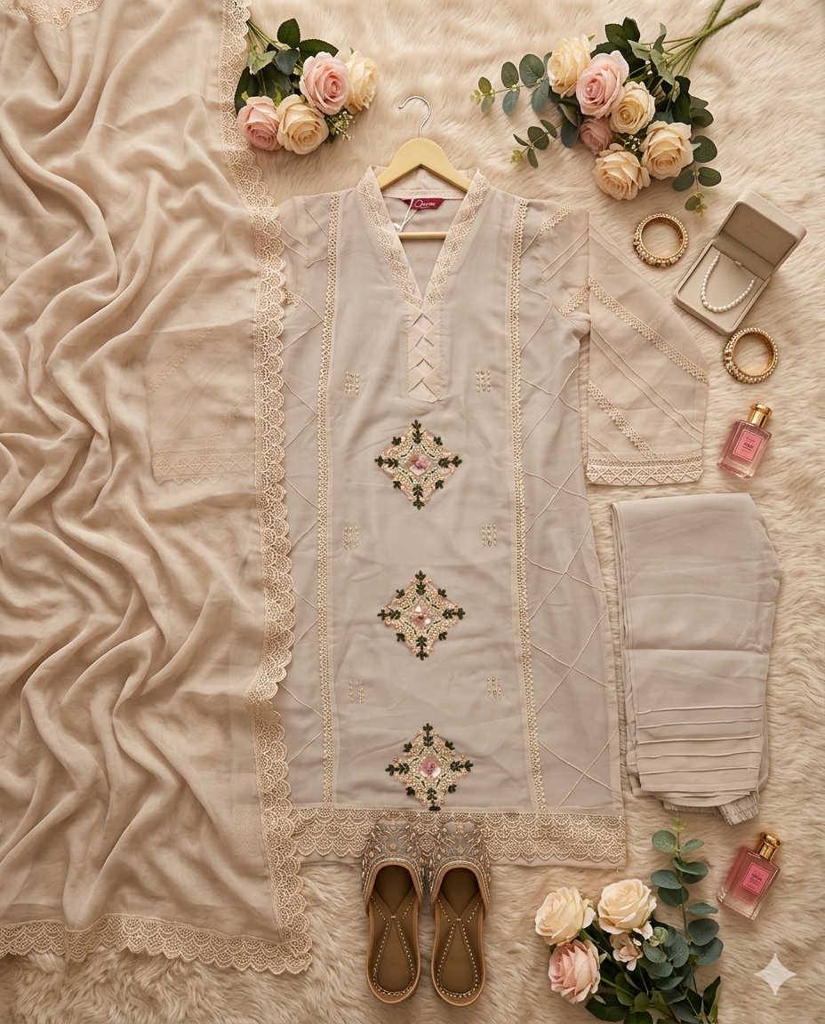 Inaayalina Beige-Cream Pakistani Embroidered Kurta Set