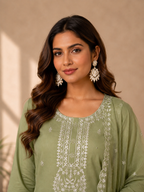 Inaayalina Pista Green Roman Silk Kurta Set with Organza Dupatta