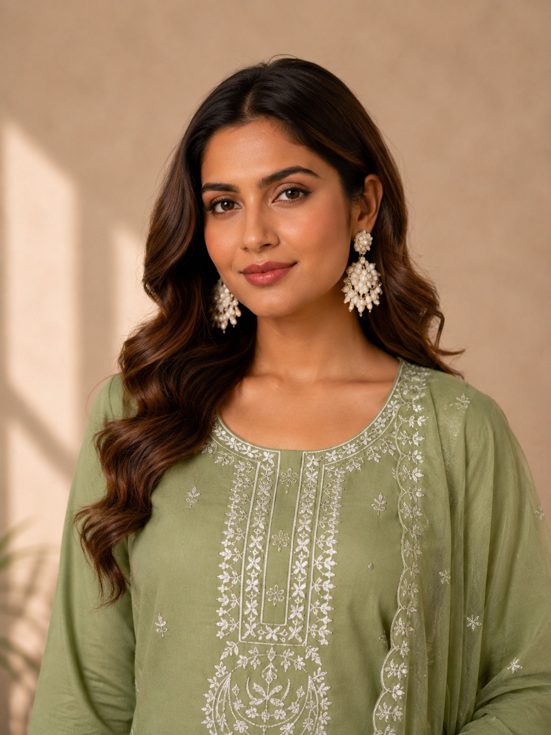 Inaayalina Pista Green Roman Silk Kurta Set with Organza Dupatta