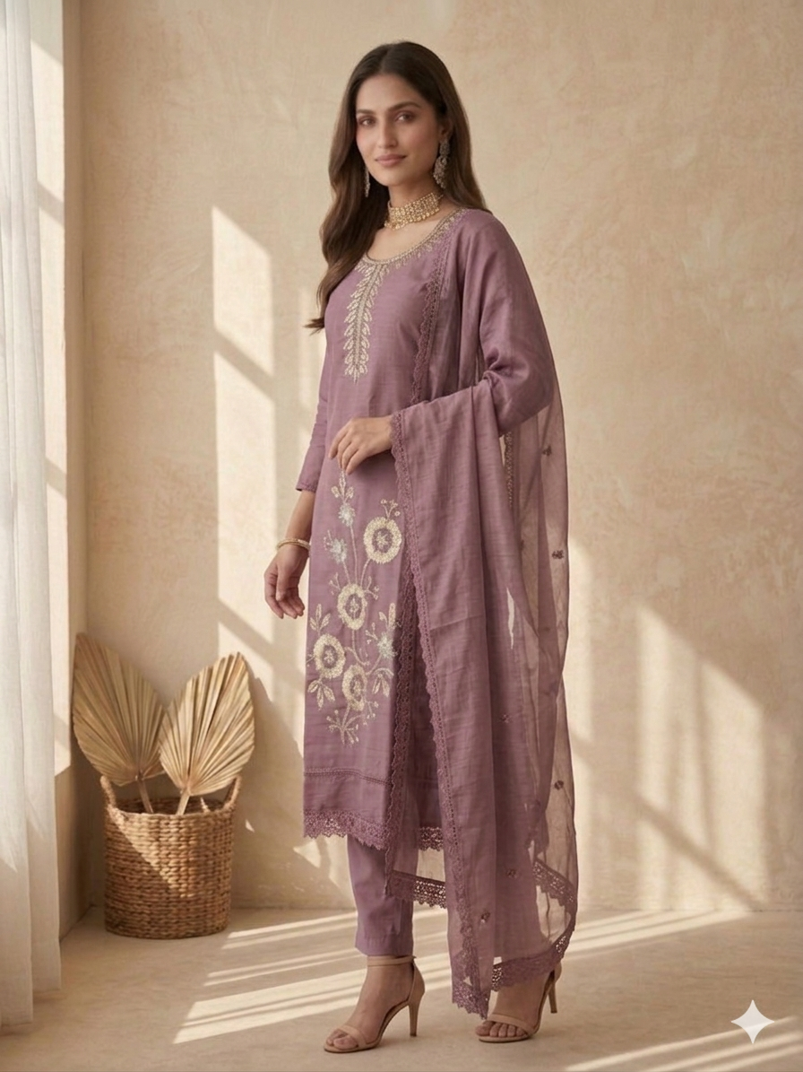 Inaayalina Mauve Roman Silk Kurta Set with Intricate Beads Work