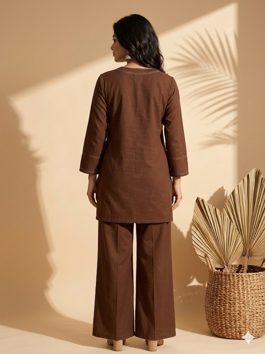Inaayalina Chocolate Brown Embroidered Cotton Co-ord Set