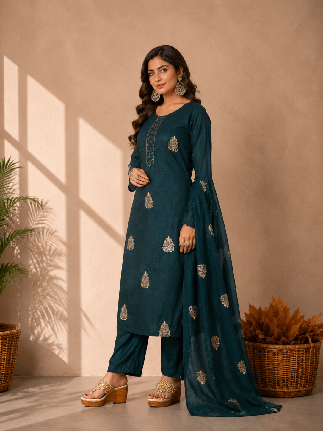 Inaayalina Navy Blue Roman Silk Kurta Set with Organza Dupatta