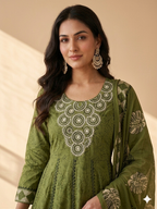 Inaayalina Green Floral Cotton Anarkali Set