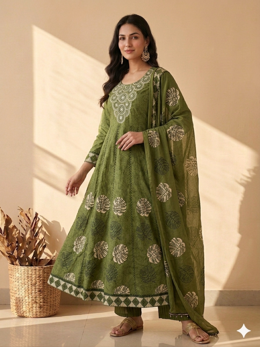 Inaayalina Green Floral Cotton Anarkali Set