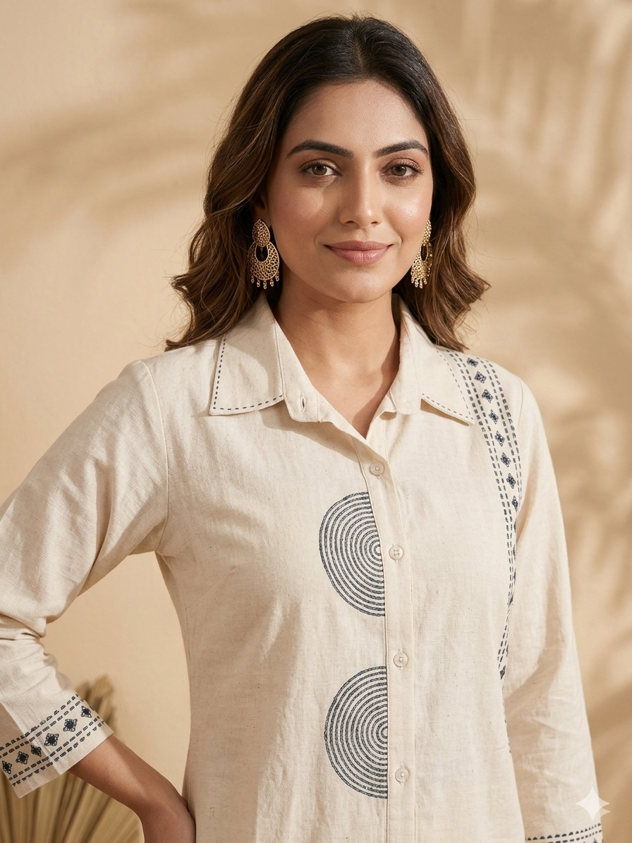 Inaayalina Cream Khadi Cotton Printed Co-ord Set