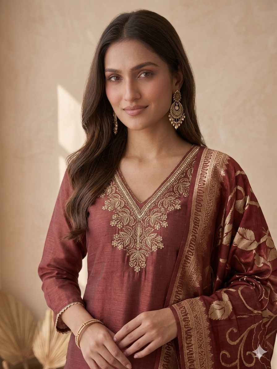 Inaayalina Maroon Shimmer Kurta Set with Banarasi Dupatta
