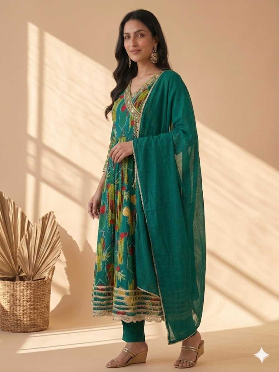 Inaayalina Green Printed Muslin Anarkali Set with Gotta Patti Work