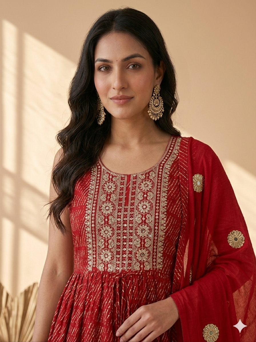 Inaayalina Red Printed Cotton Anarkali Set with Mirror Work
