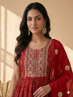 Inaayalina Red Printed Cotton Anarkali Set with Mirror Work