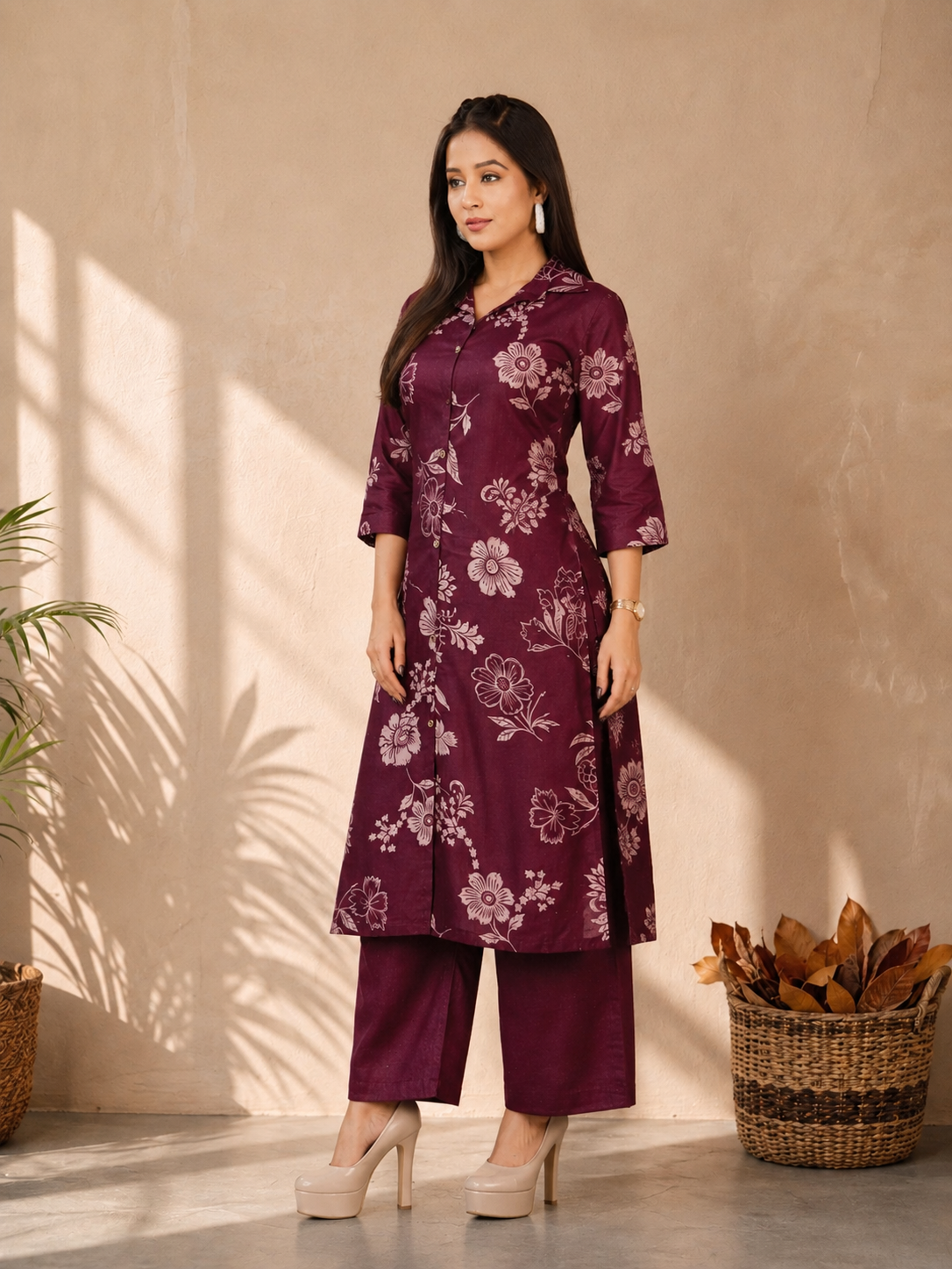 Inaayalina maroon Floral Printed Vatican Fabric Co-ord Set