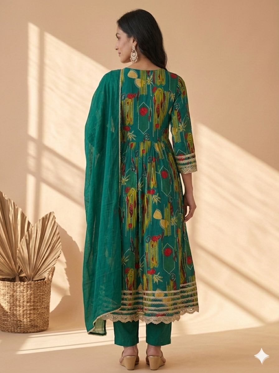 Inaayalina Green Printed Muslin Anarkali Set with Gotta Patti Work