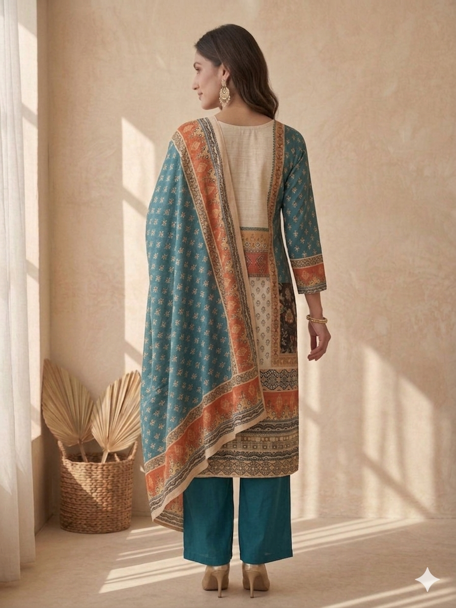 Inaayalina Teal & Cream Shimmer Kurta Set with Shimmer Dupatta