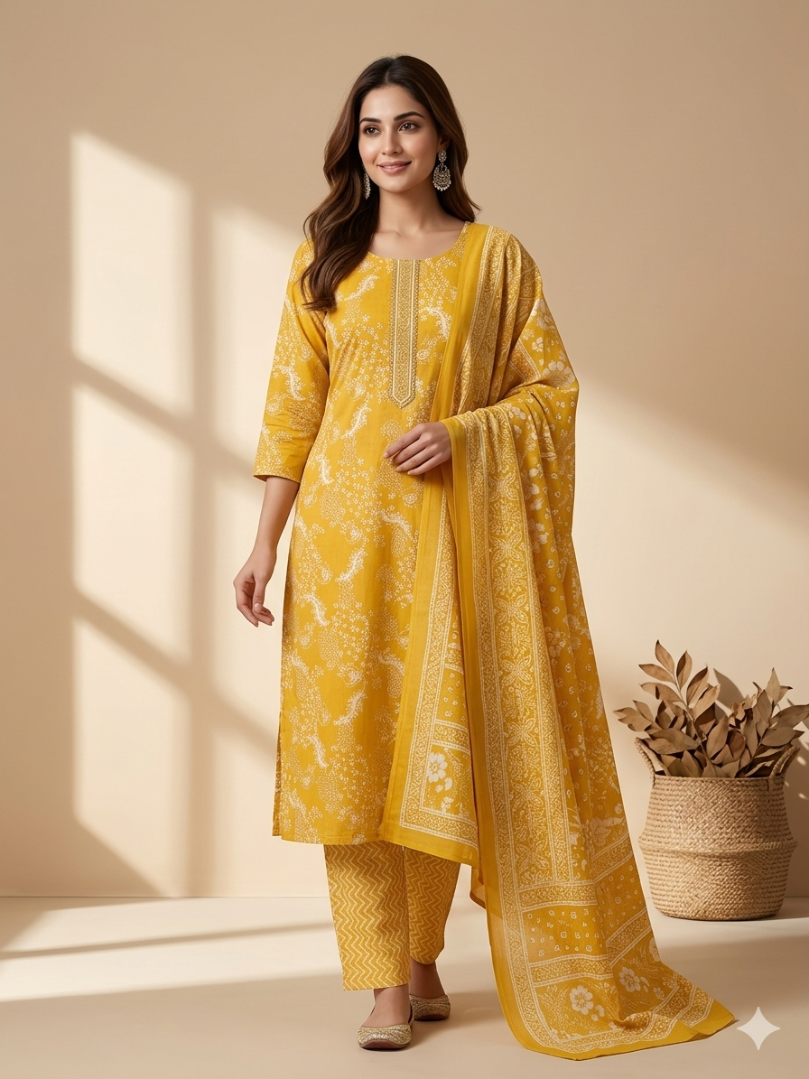 Yellow Jaipuri Printed Pure Cotton Kurta Set with Dupatta