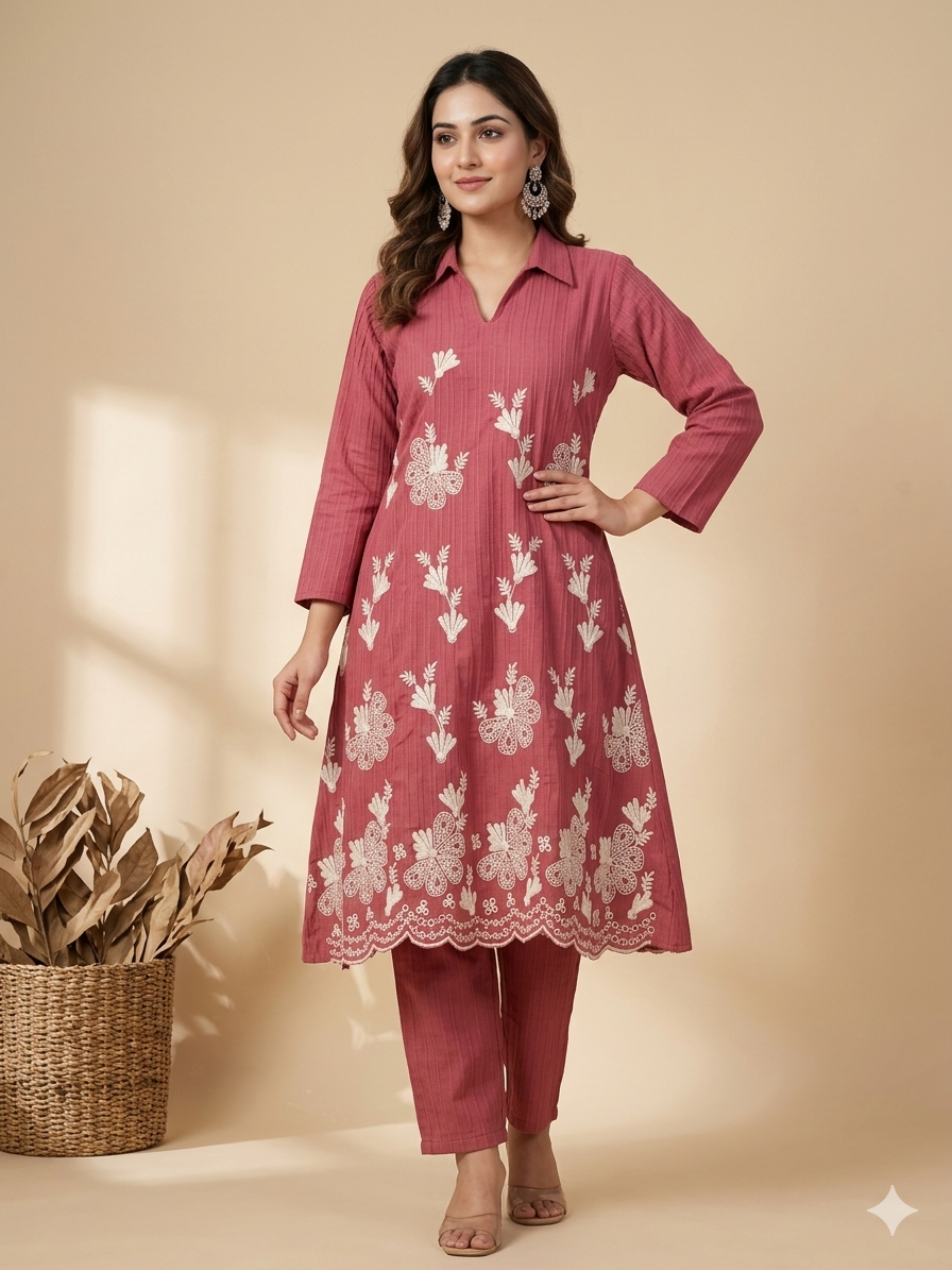 Inaayalina Rose Pink Embroidered Viscose Co-ord Set