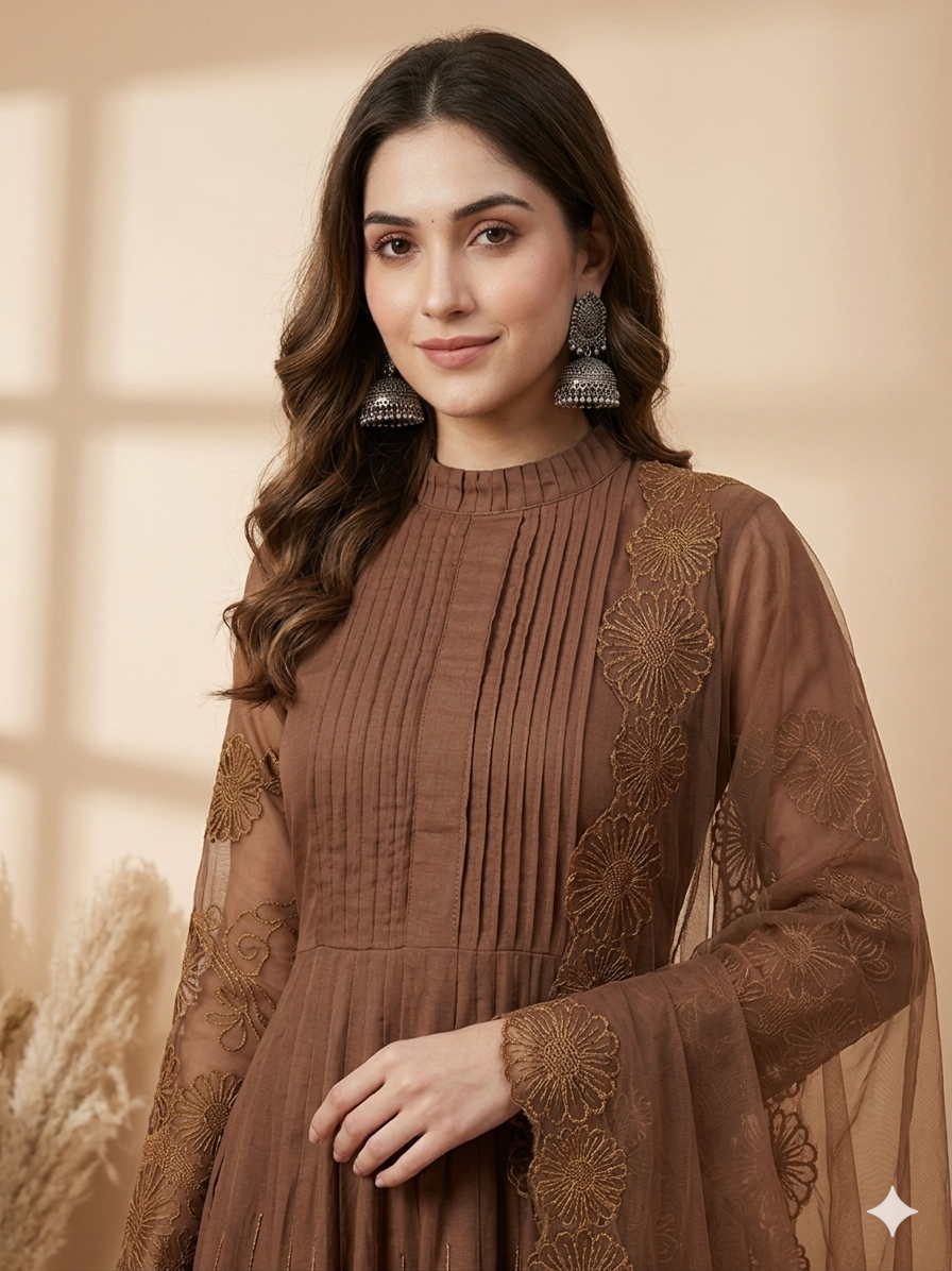 Inaayalina Coffee Brown Cotton Anarkali Set with Net Dupatta