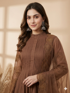 Inaayalina Coffee Brown Cotton Anarkali Set with Net Dupatta