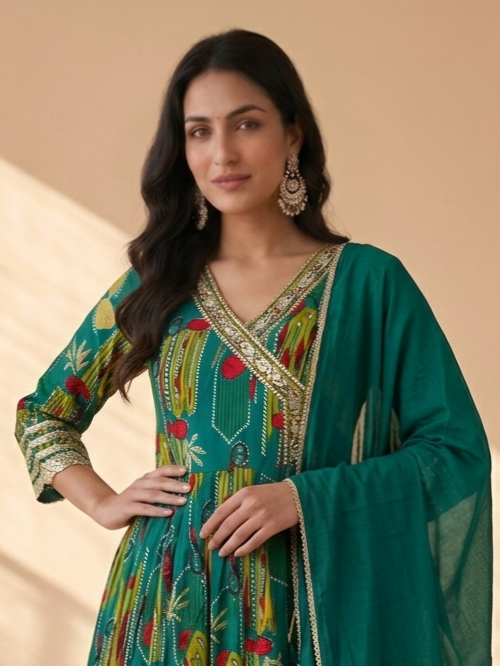 Inaayalina Green Printed Muslin Anarkali Set with Gotta Patti Work