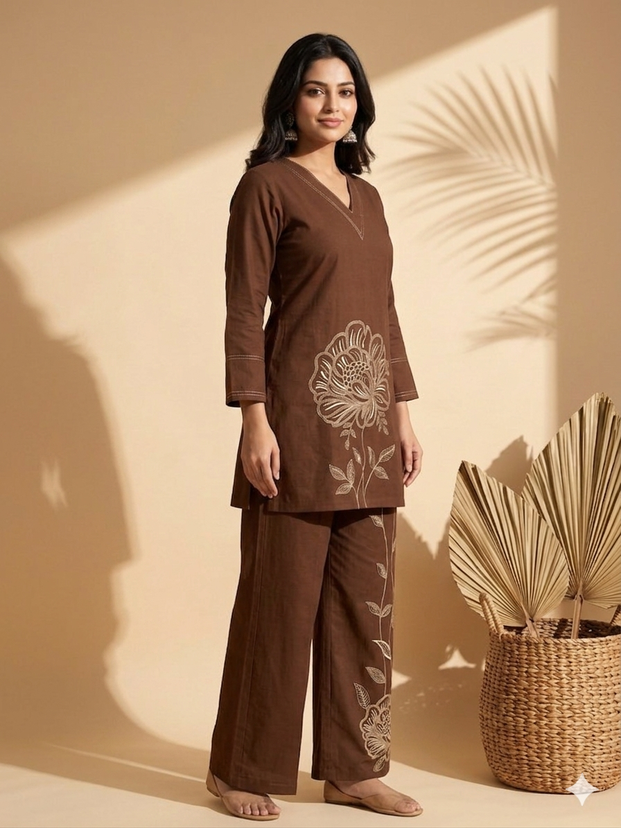 Inaayalina Chocolate Brown Embroidered Cotton Co-ord Set