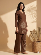 Inaayalina Chocolate Brown Embroidered Cotton Co-ord Set