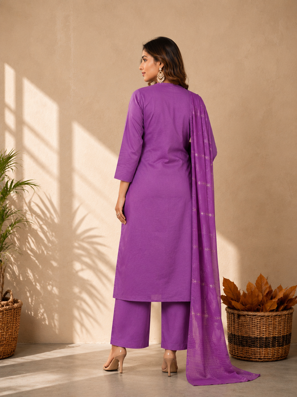 Inaayalina Purple Roman Silk Kurta Set with Embroidered Daman