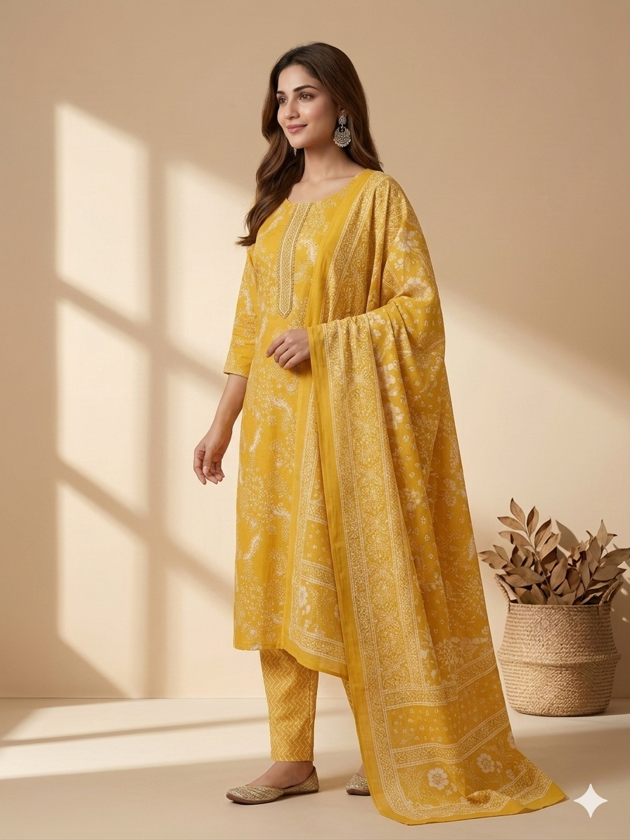 Yellow Jaipuri Printed Pure Cotton Kurta Set with Dupatta