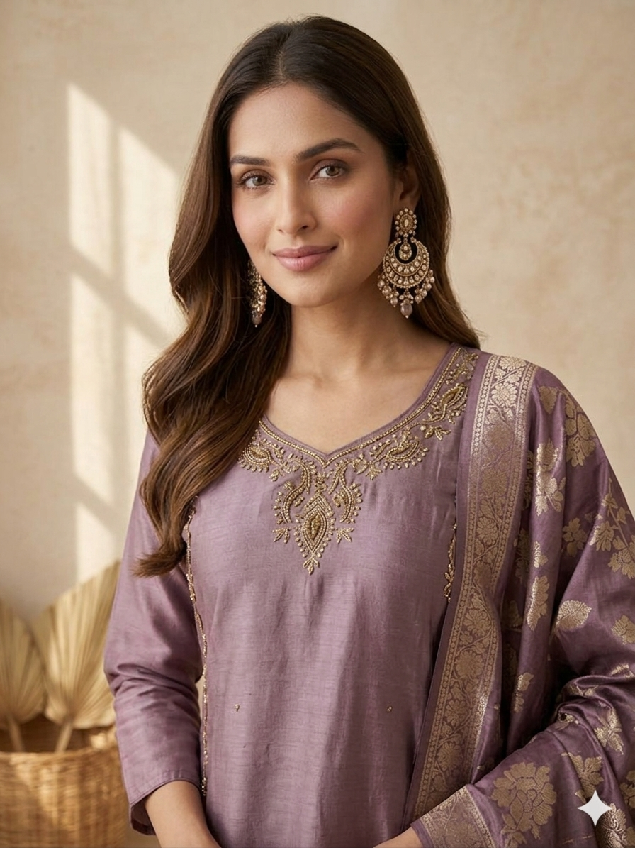 Inaayalina Mauve Premium Silk Kurta Set with Banarasi Dupatta