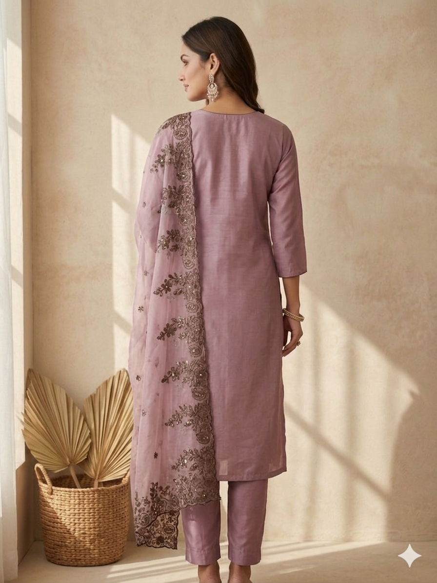 Inaayalina Lavender Roman Silk Embroidered Kurta Set