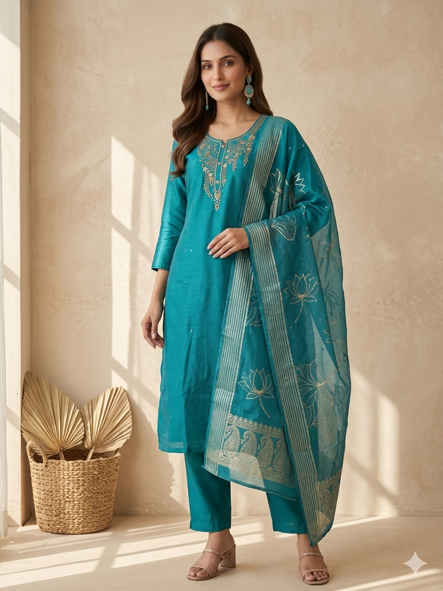 Inaayalina Teal Blue Roman Silk Embroidered Kurta Set