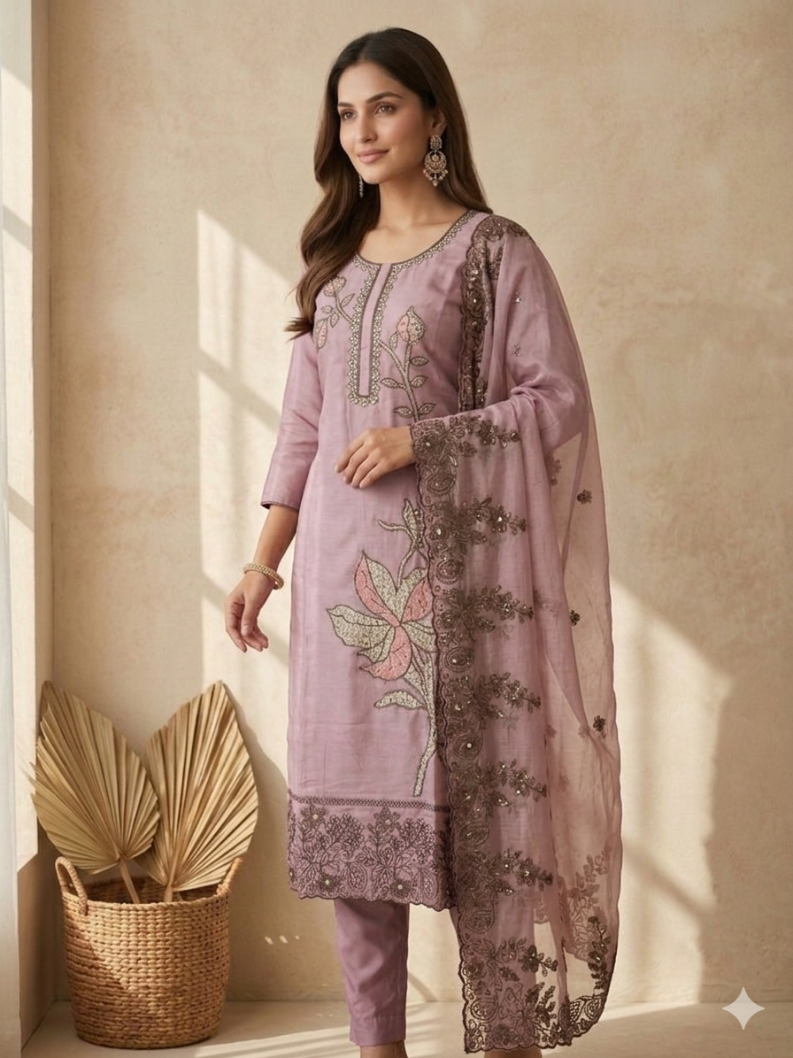 Inaayalina Lavender Roman Silk Embroidered Kurta Set