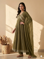 Inaayalina Olive Green Cotton Anarkali Frock Set