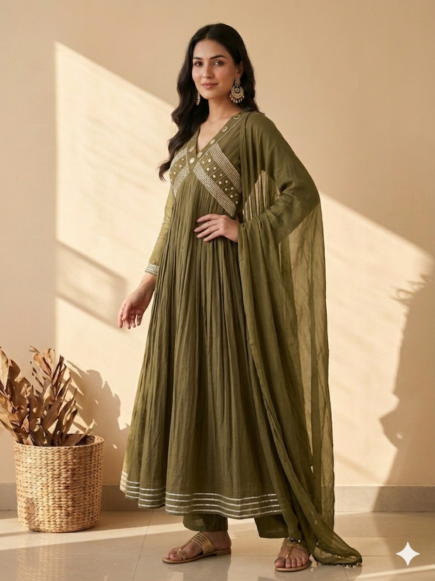 Inaayalina Olive Green Cotton Anarkali Frock Set