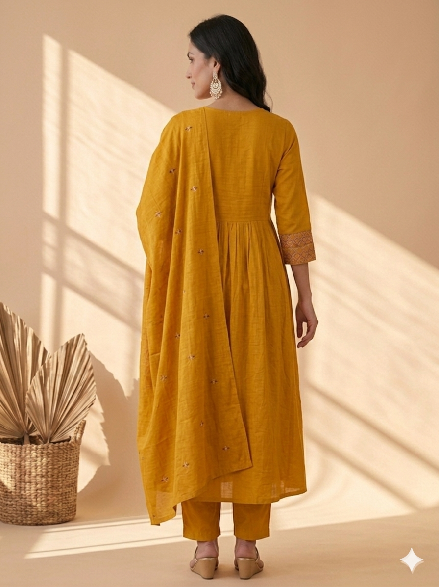 Inaayalina Mustard Yellow Floral Embroidery Anarkali Set
