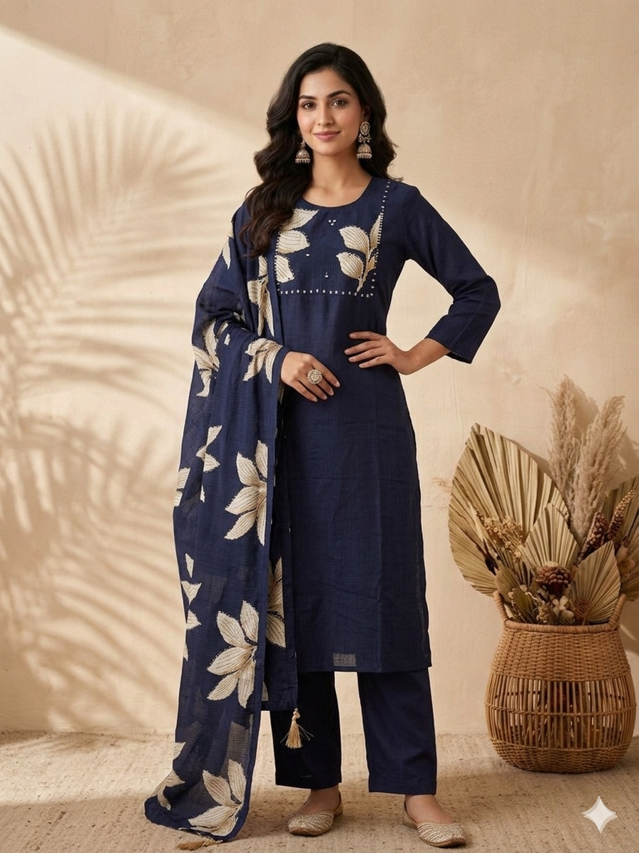 Inaayalina Navy Blue Cotton Kurta Set with Leaf Embroidery