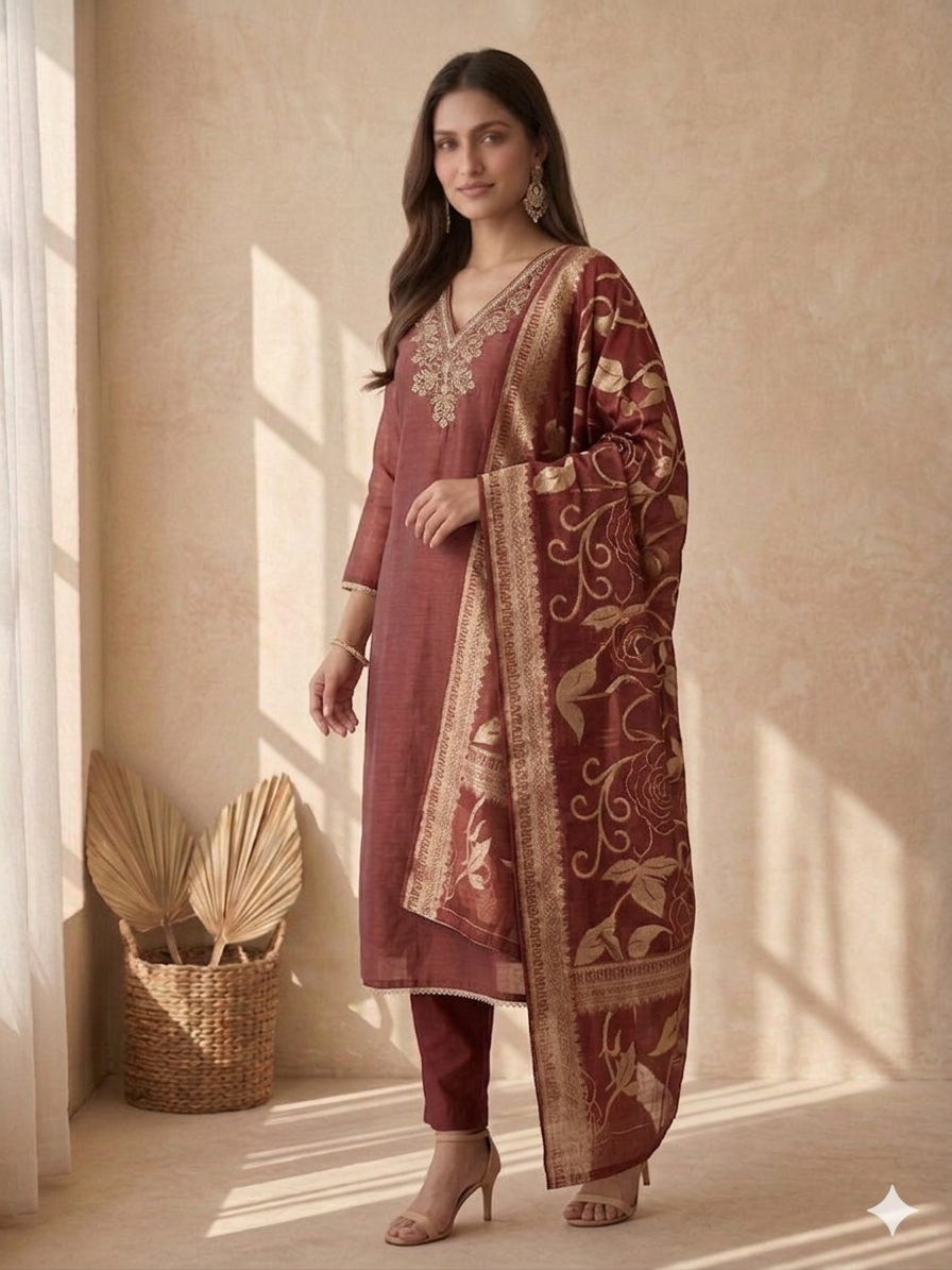 Inaayalina Maroon Shimmer Kurta Set with Banarasi Dupatta