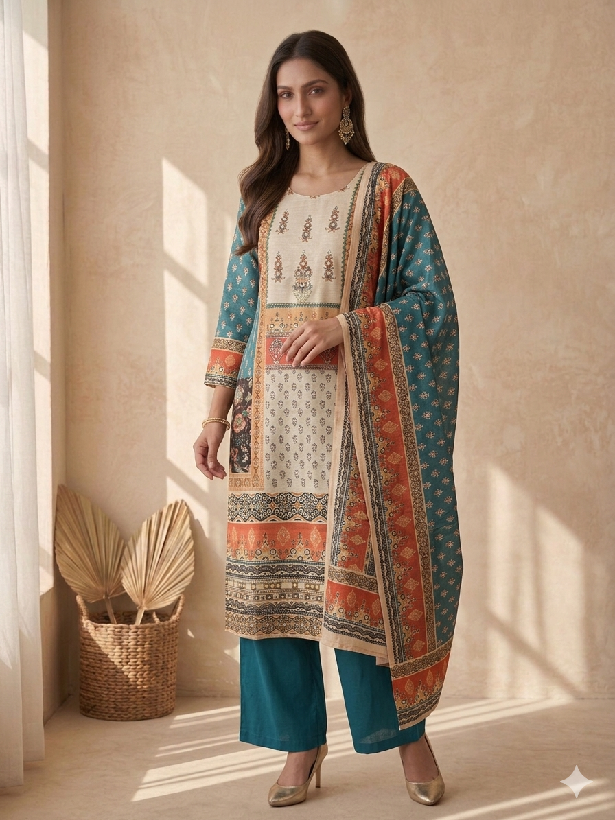 Inaayalina Teal & Cream Shimmer Kurta Set with Shimmer Dupatta