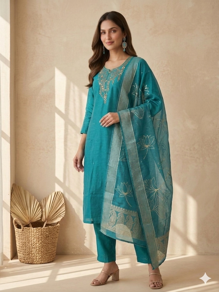Inaayalina Teal Blue Roman Silk Embroidered Kurta Set