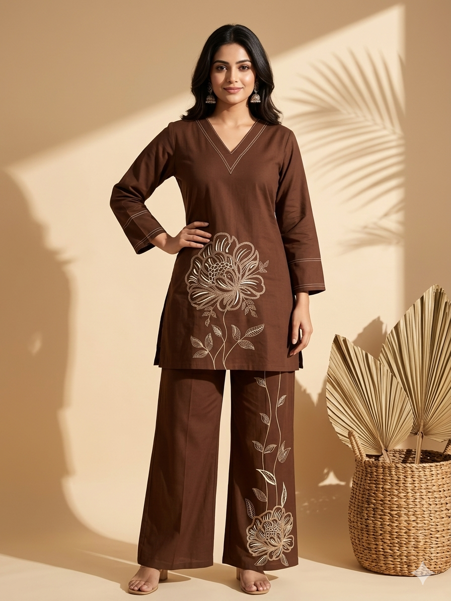 Inaayalina Chocolate Brown Embroidered Cotton Co-ord Set