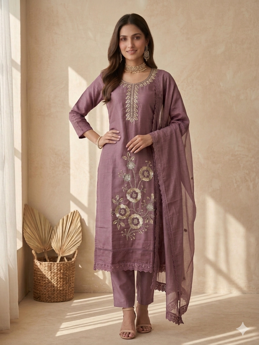 Inaayalina Mauve Roman Silk Kurta Set with Intricate Beads Work