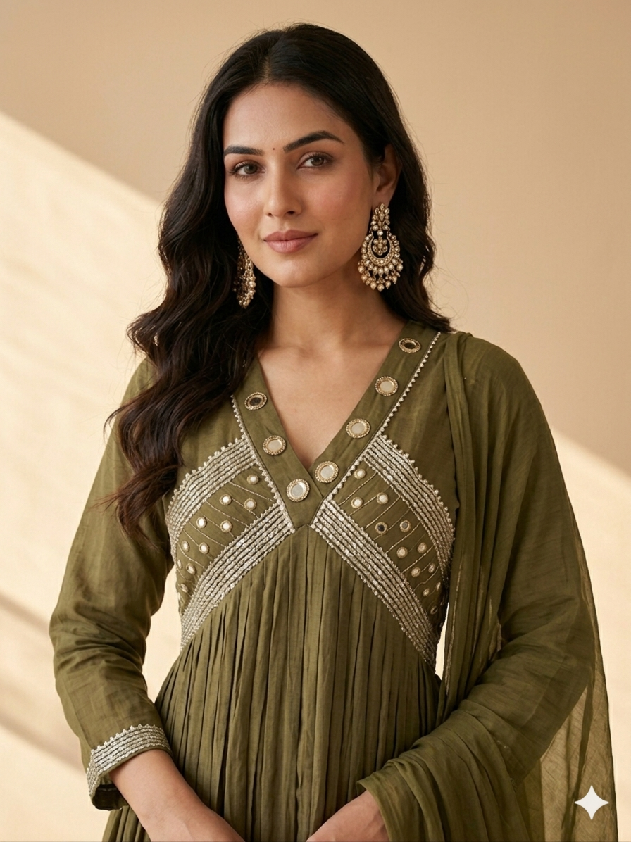 Inaayalina Olive Green Cotton Anarkali Frock Set