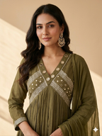 Inaayalina Olive Green Cotton Anarkali Frock Set