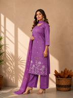 Inaayalina Purple Roman Silk Kurta Set with Embroidered Daman