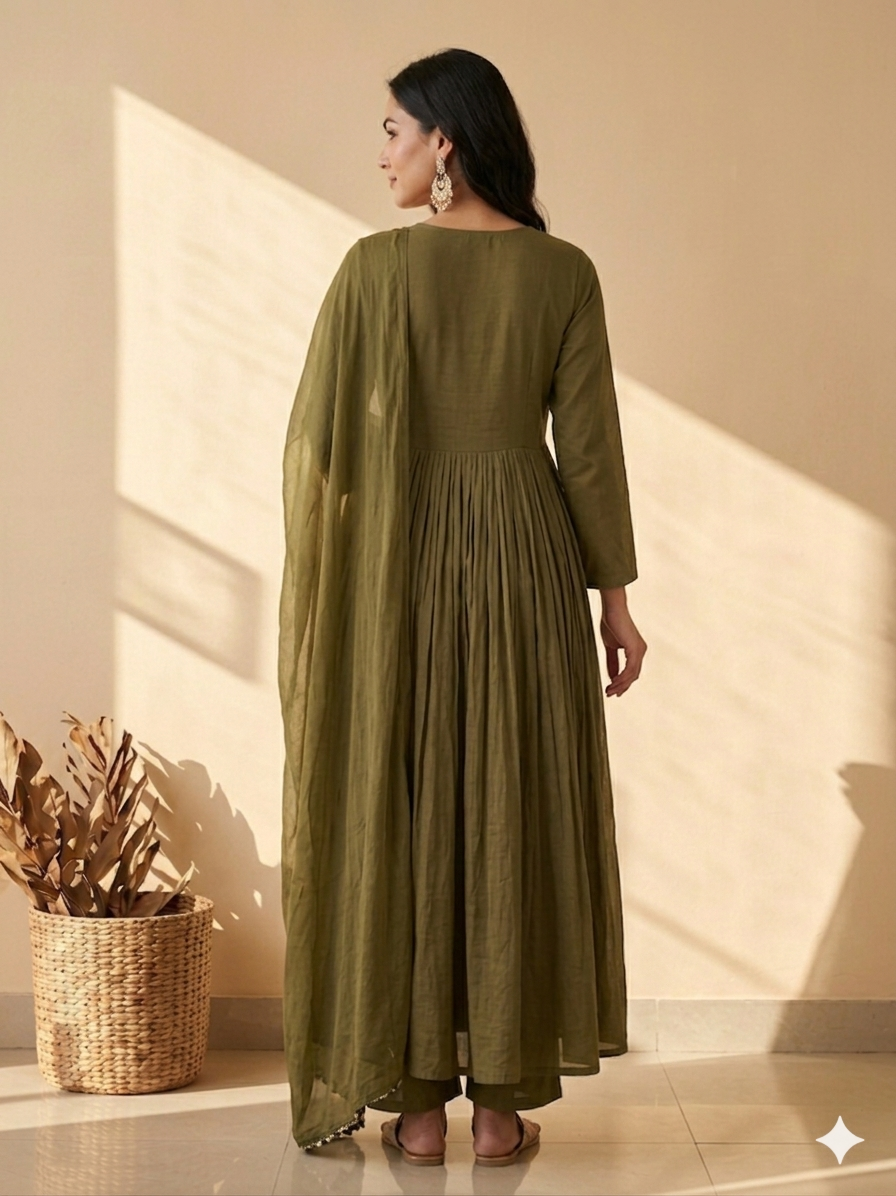 Inaayalina Olive Green Cotton Anarkali Frock Set